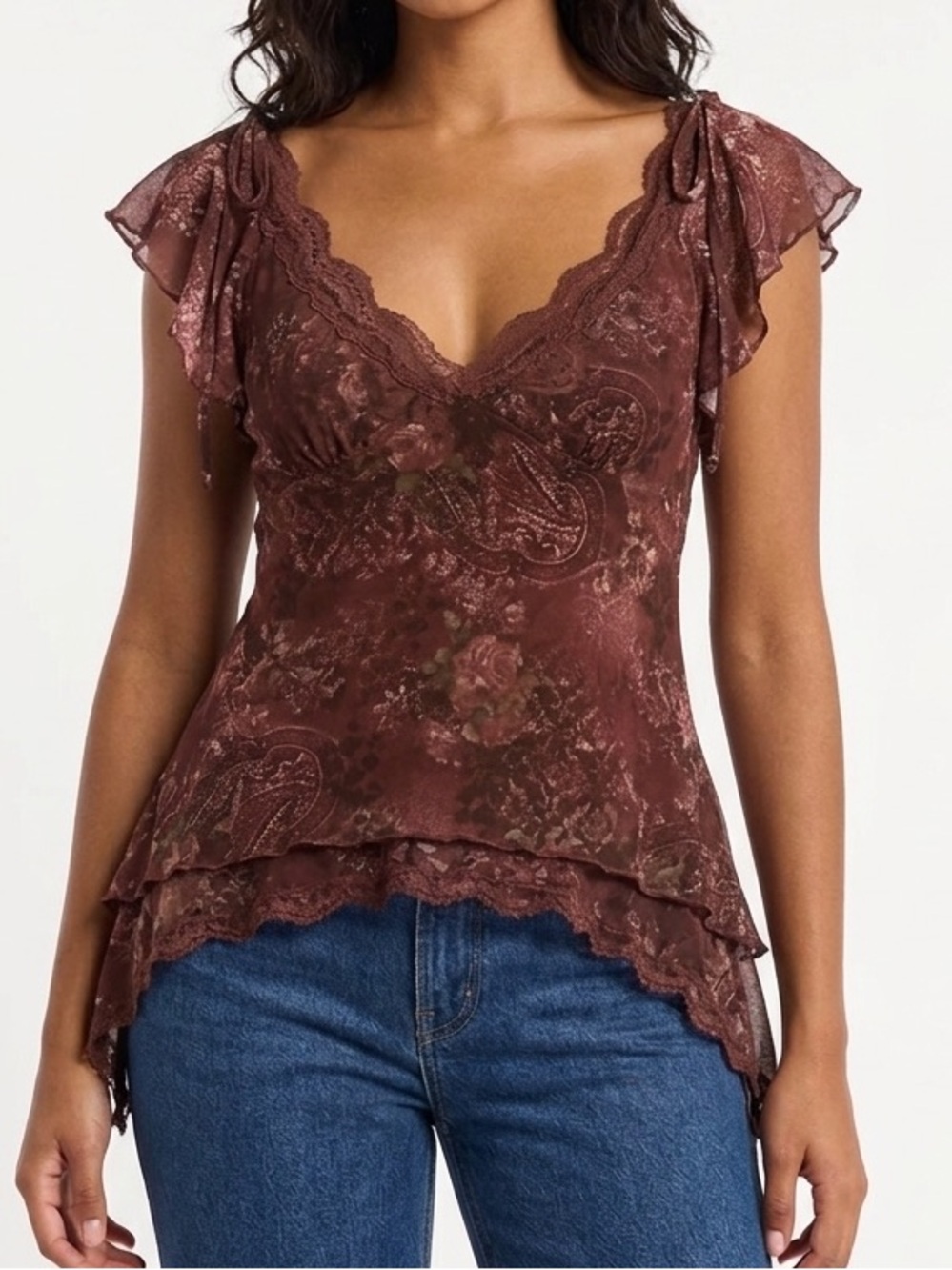 Rebellious Vintage Inspired Burgundy Lace Paisley Ruffle Y2K Top Small